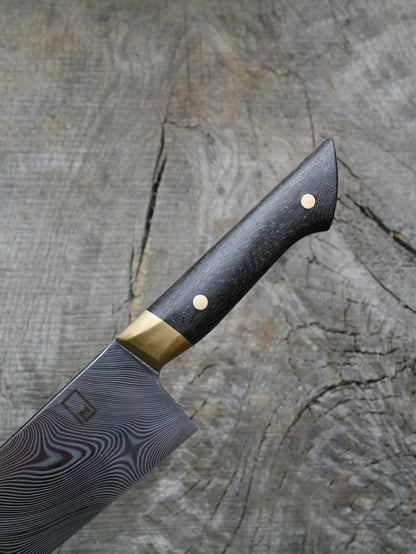 Chef's Knife – Stainless Damascus Steel Blade, Bog Oak & Brass Handle