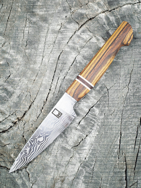 3.25"/85mm Paring Knife Stainless Damascus with hidden tang handle of Bocote