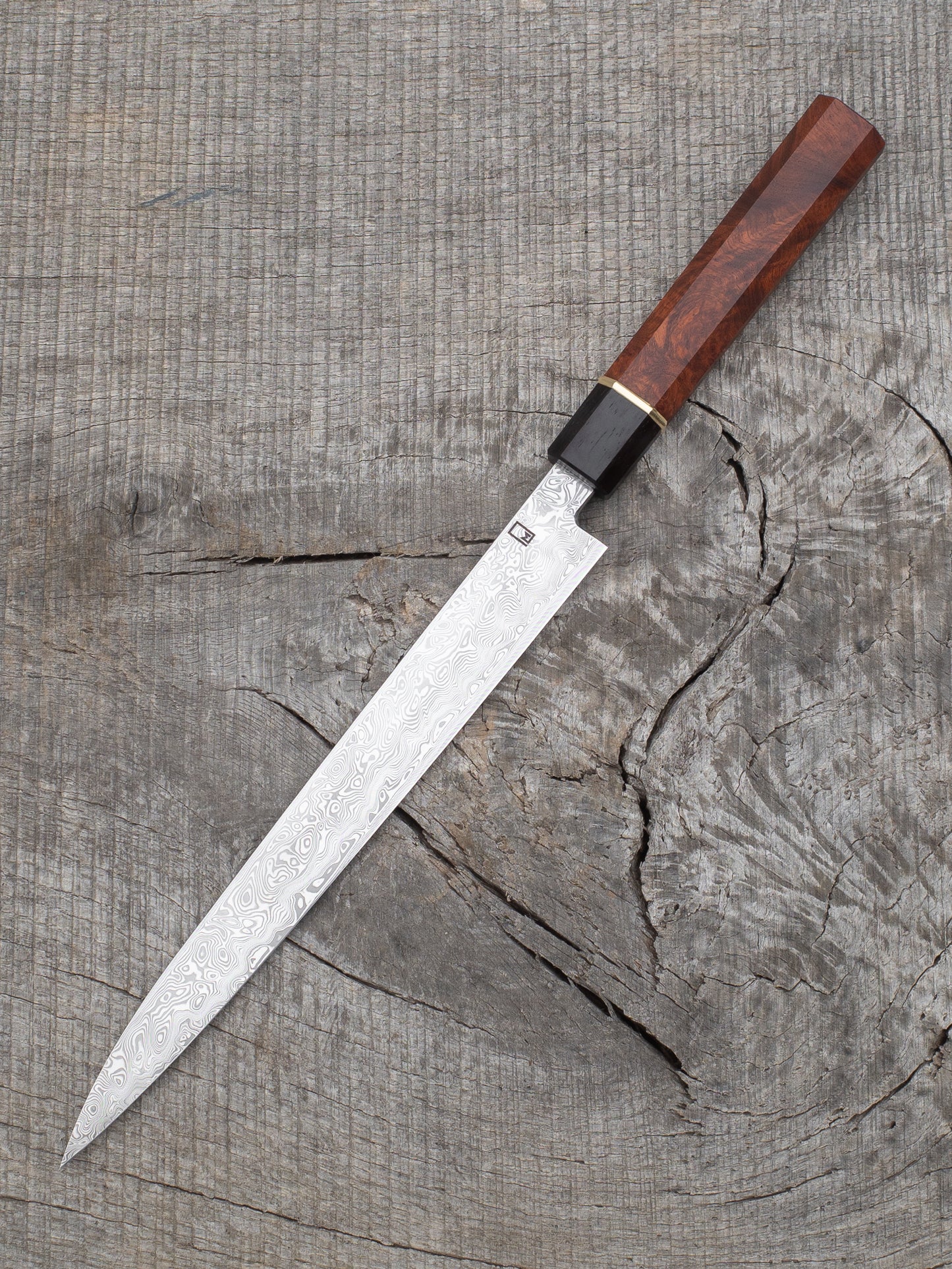 Sujihiki – 10.5" Stainless Damascus Steel Blade, Rosewood, Walnut Burl & Brass Handle