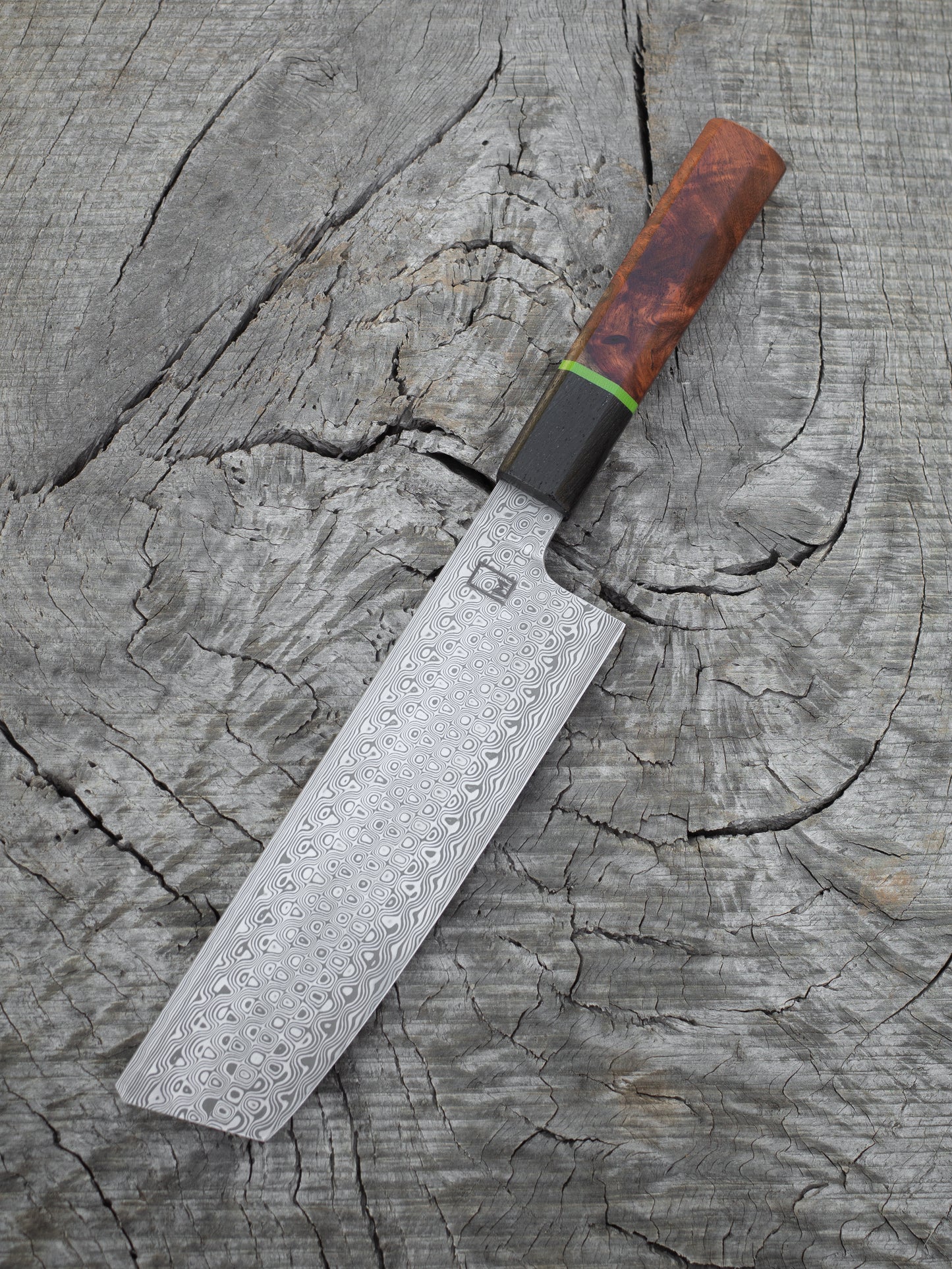 Nakiri – 6.75" Stainless Damascus, Bog Oak & Amboyna Burl Handle
