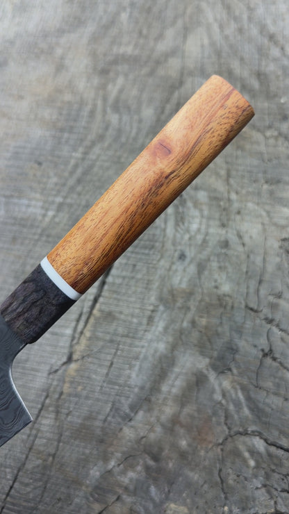 Bunka – 6.5" Carbon Damascus Steel Blade, Mango, Corian and dyed Maple