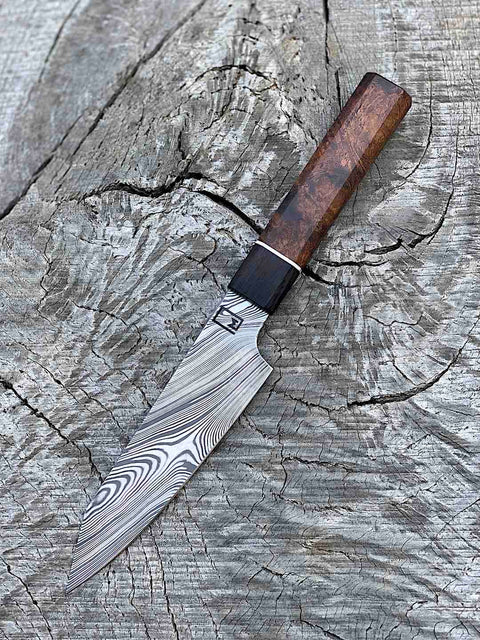 140mm/5.5" Stainless Damascus Honesuki with Wa Handle of Mesquite Burl and Rosewood