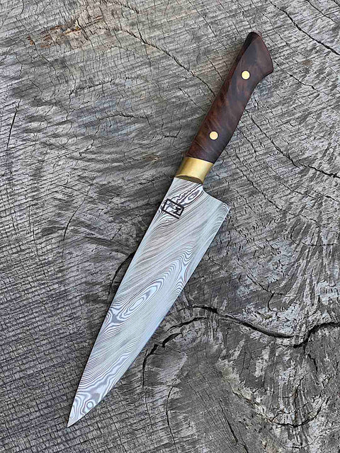 8.5" Stainless Damascus Chef's Knife with Walnut and Brass
