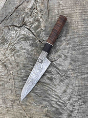 150mm/6” Carbon Damascus Petty Kitchen Knife with Rosewood and Walnut