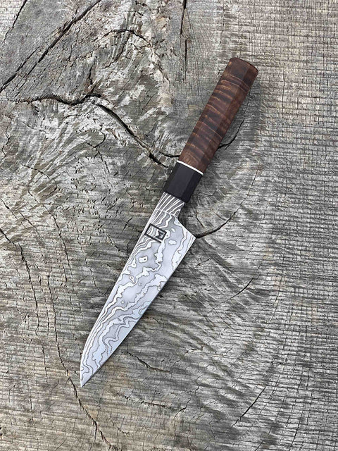 150mm/6” Carbon Damascus Petty Kitchen Knife with Rosewood and Walnut