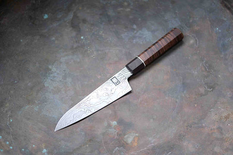 150mm/6” Carbon Damascus Petty Kitchen Knife with Rosewood and Walnut