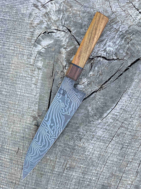 9" Carbon Damascus Gyuto with Turkish Walnut, Teak and Black G10