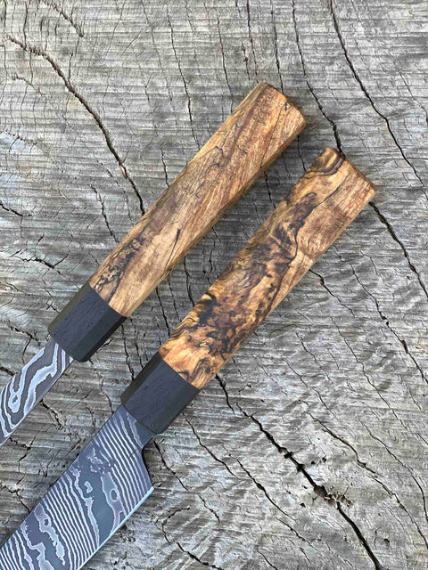 Carbon Damascus Knife and Fork Set with Spalted Maple and Wenge