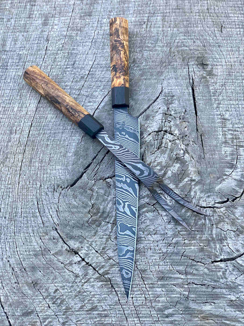 Carbon Damascus Knife and Fork Set with Spalted Maple and Wenge