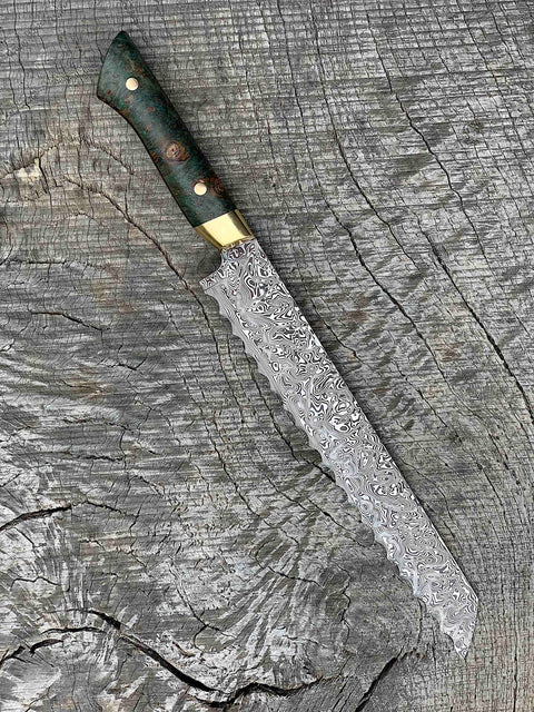 10" Damasteel Bread Knife with Dyed Maple and Brass