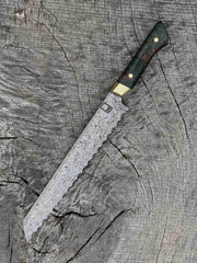 10" Damasteel Bread Knife with Dyed Maple and Brass