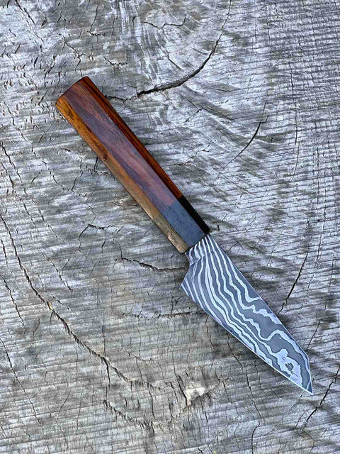 102mm/4" Carbon Damascus Honesuki with Bog Oak and Cocobolo