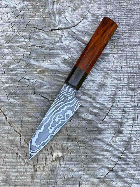 102mm/4" Carbon Damascus Honesuki with Bog Oak and Cocobolo