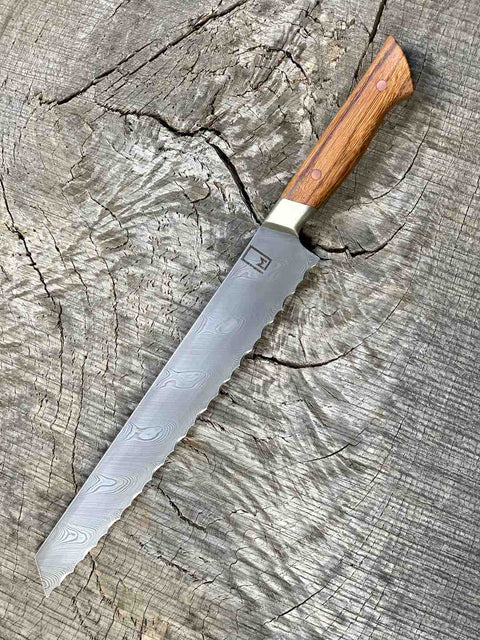 10.5" Damasteel Bread Knife with Zebrawood, Micarta and Copper