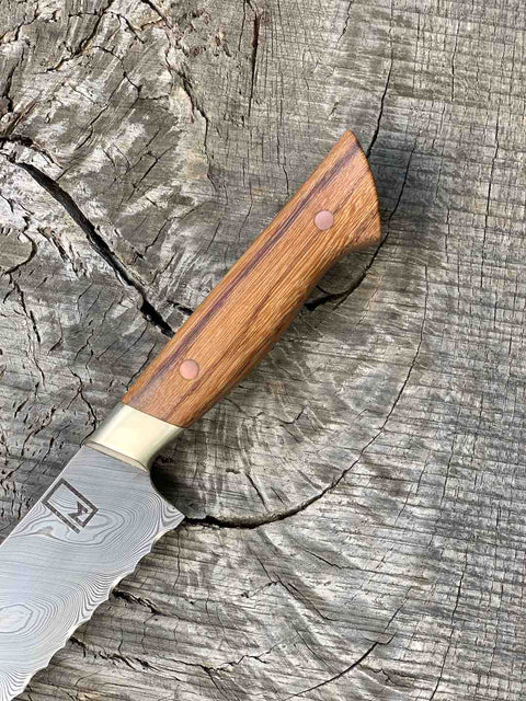 10.5" Damasteel Bread Knife with Zebrawood, Micarta and Copper