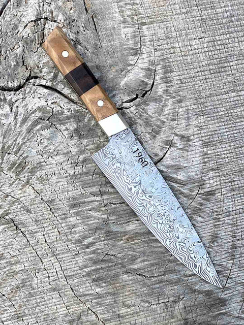 7.5" Stainless Damascus Chef's Knife with Walnut and Black Ash