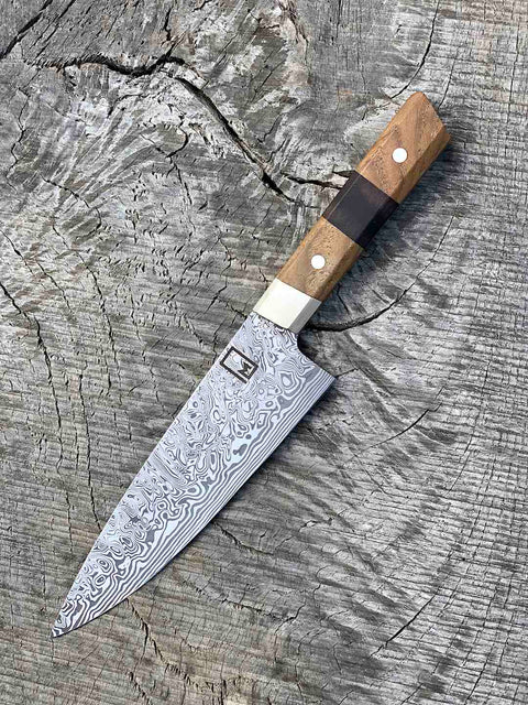 7.5" Stainless Damascus Chef's Knife with Walnut and Black Ash