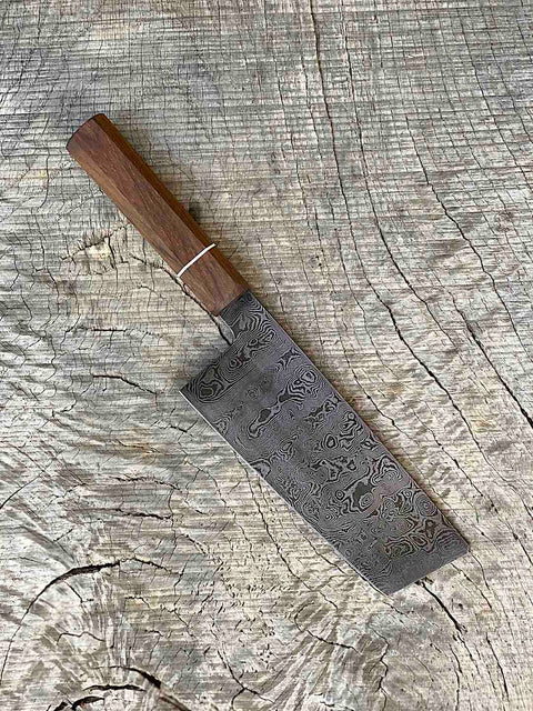 178mm/7" Carbon Damascus Nakiri with Teak and G10