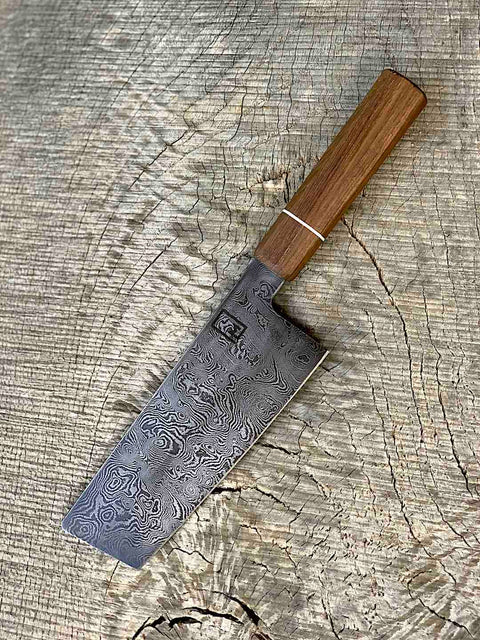 178mm/7" Carbon Damascus Nakiri with Teak and G10