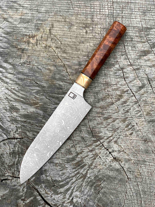 190mm/7.5" Stainless Damascus Santoku with Amboyna Burl and Mokume