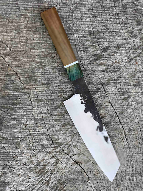 178mm/7" K-tip Chef with Dyed Koa, Corian and Reclaimed Teak
