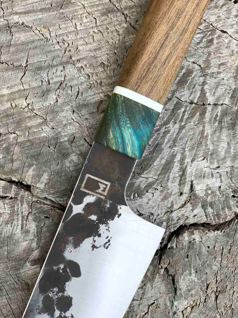 178mm/7" K-tip Chef with Dyed Koa, Corian and Reclaimed Teak