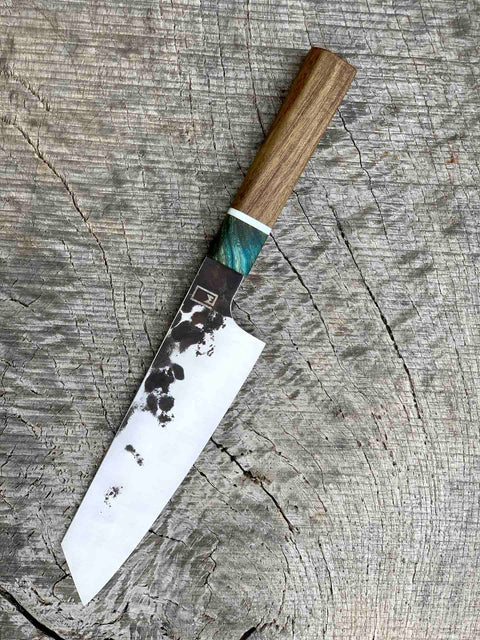 178mm/7" K-tip Chef with Dyed Koa, Corian and Reclaimed Teak