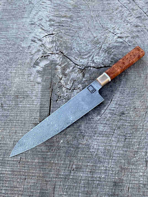 235mm/9.25 Stainless Damascus Gyuto with Amboyna Burl, Corian and Mokume