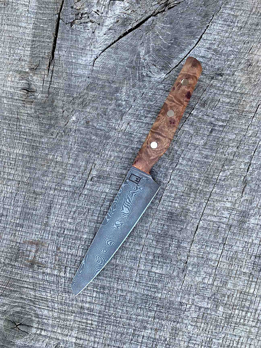 135mm/5.25" Stainless Damascus Honesuki with Camphor Burl Handle