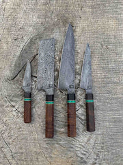Set of 4 Carbon Damascus Knives in Walnut Block