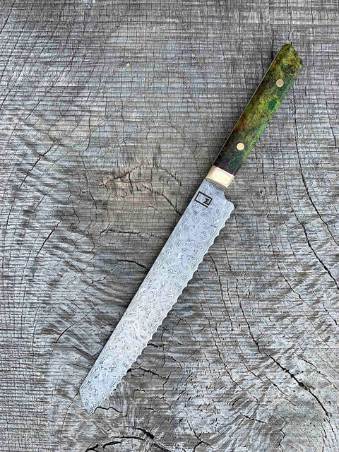 10" Stainless Damascus Bread Knife with Maple Burl and Mokume