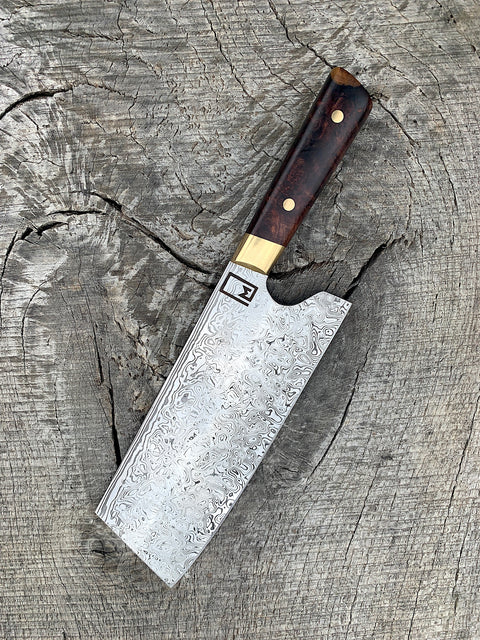 8.5" Stainless Damascus Cleaver with Redwood Burl and Brass