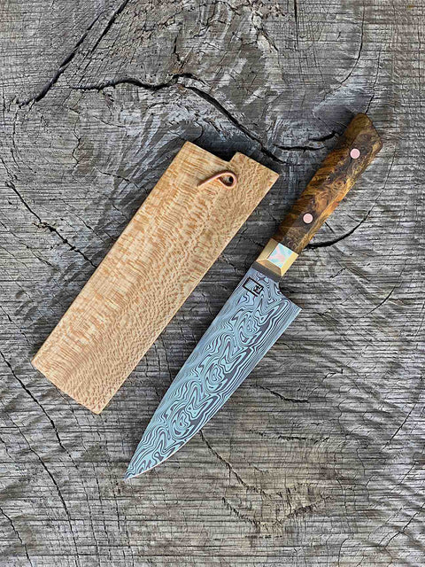 7.5"/191mm Damascus Chef's Knife with Buckeye Burl, Mokume and Copper