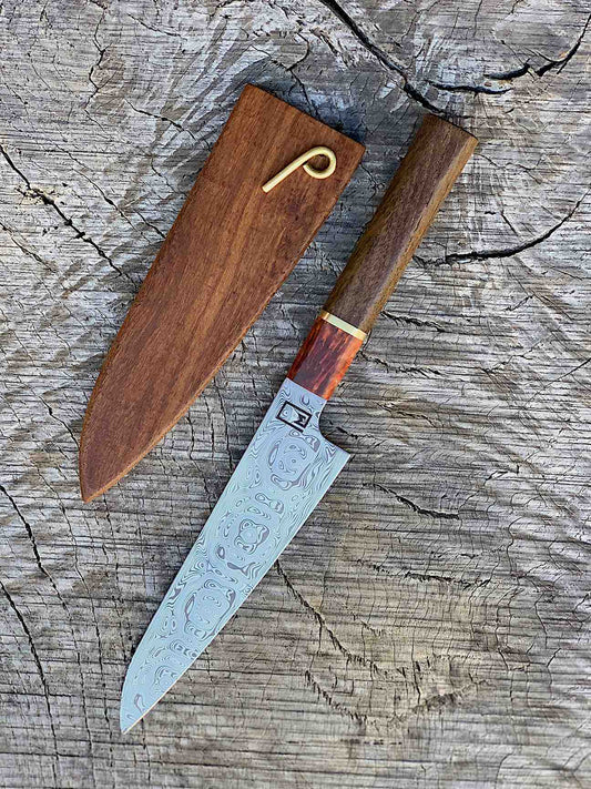 6"/152mm Damascus Honesuki with Dyed Maple, Brass and Teak