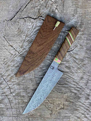 7.5"/191mm Damascus Chef's Knife with Teak and Pink/Green G10