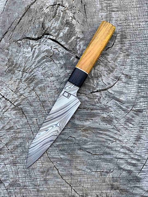 140mm/5.5" Stainless Damascus Honesuki with Wa Handle of Osage Orange and Wenge