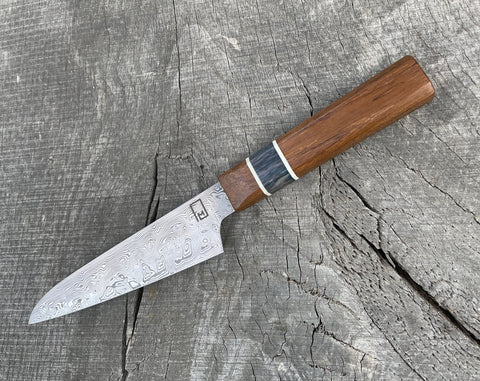 150mm / 6" Honesuki with Damasteel, Teak and Dyed Mango