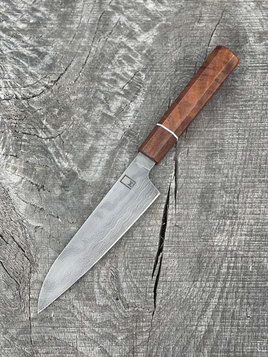 155mm/6" Carbon Damascus Honesuki with Wenge, Corian, and Figured Walnut