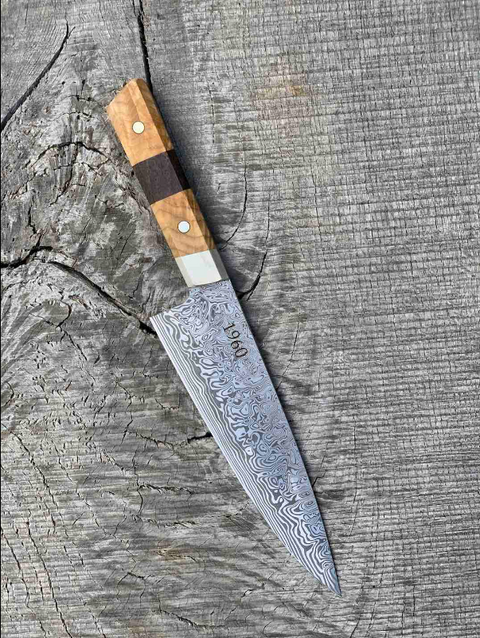 7.5" Stainless Damascus Chef's Knife with Walnut and Black Ash