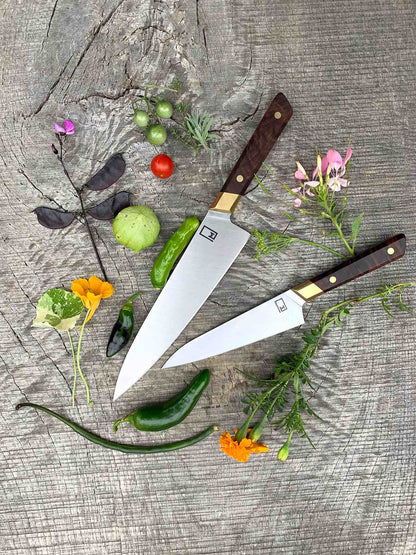 Fusion Series - Professional Line: 8.75" Chef with 52100 carbon steel, brass and walnut