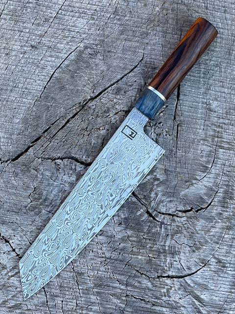 8.75"/220mm Damascus Kiritsuke Chef Knife with Dyed Maple and Cocobola