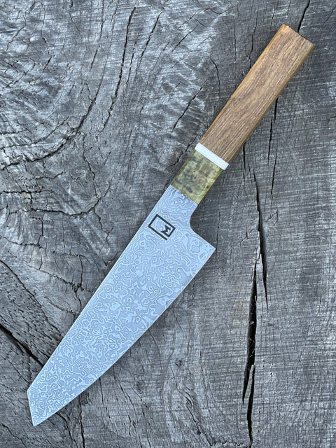 185mm/7.25" Honesuki made of forged carbon damascus - Teak and Maple handle