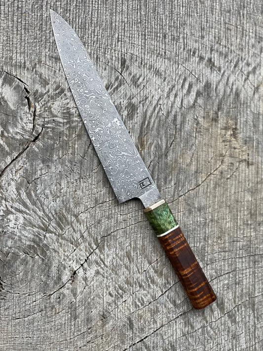 230mm/9" Stainless Damascus Gyuto with Figured Hawaiian Koa and Dyed Mango