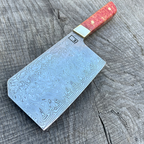 6" Damasteel Cleaver with Dyed Maple and Brass Bolsters